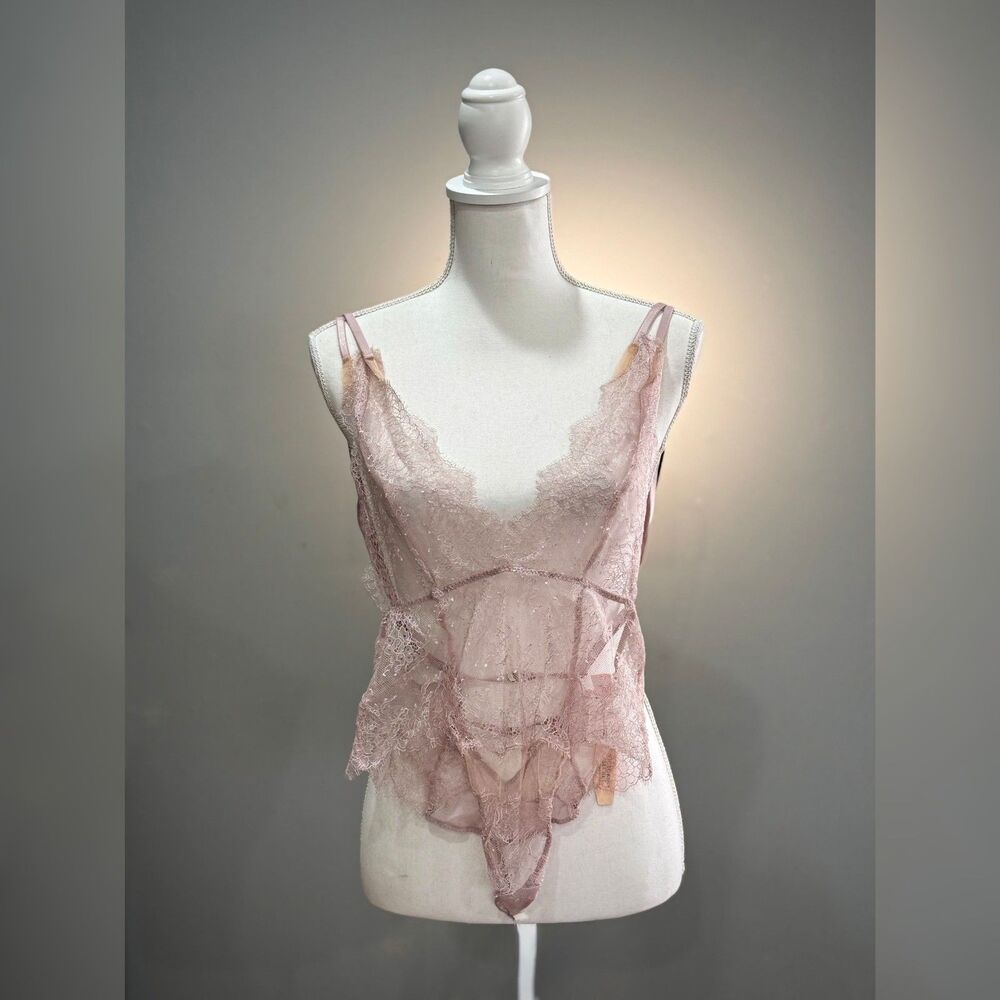 Pink Victoria's Secret Sheer Lace Bodysuit Size M NWT